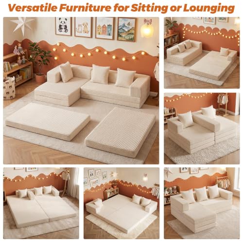 6-in-1 Boneless Couches Modular Sectional Sofa | Cloud Couch Sectional & Tri-Folding Mattress | Corduroy Pet-Friendly Convertible Sofa Bed with 800LB Capacity Living Room, Apartment, Guest Room - color: Beige