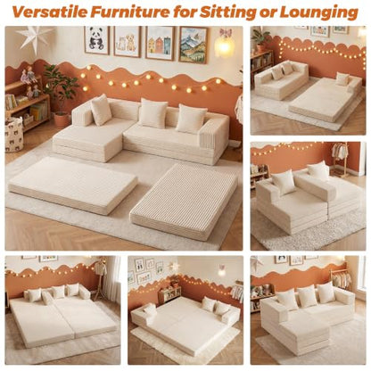 6-in-1 Boneless Couches Modular Sectional Sofa | Cloud Couch Sectional & Tri-Folding Mattress | Corduroy Pet-Friendly Convertible Sofa Bed with 800LB Capacity Living Room, Apartment, Guest Room - color: Beige