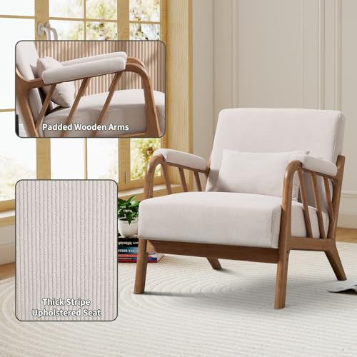 IOMOR Mid Century Modern Accent Chair with Solid Wood Frame, Upholstered Living Room Chairs with Lumbar Cushion Padded Arms, Reading Armchair for Bedroom (1, Beige) - color: Beige