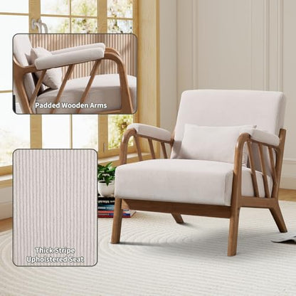 IOMOR Mid Century Modern Accent Chair with Solid Wood Frame, Upholstered Living Room Chairs with Lumbar Cushion Padded Arms, Reading Armchair for Bedroom (1, Beige) - color: Beige