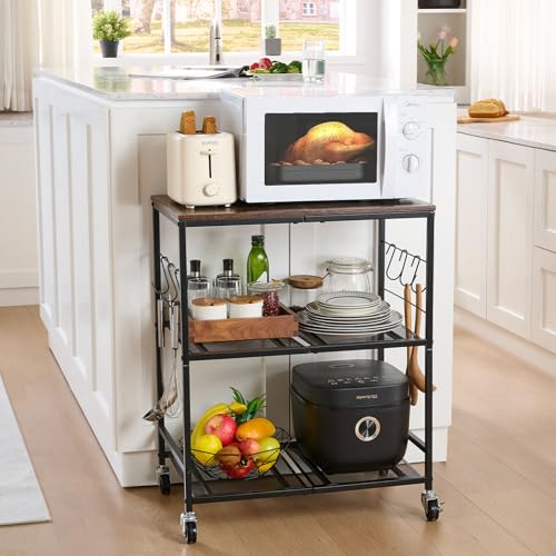 3 Tier Rolling Microwave Cart with Storage, Kitchen Organizer on Wheels | Wood and metal construction, kitchen pantry storage, coffee bar organizer, rolling microwave cart, space-saving design - color: Black