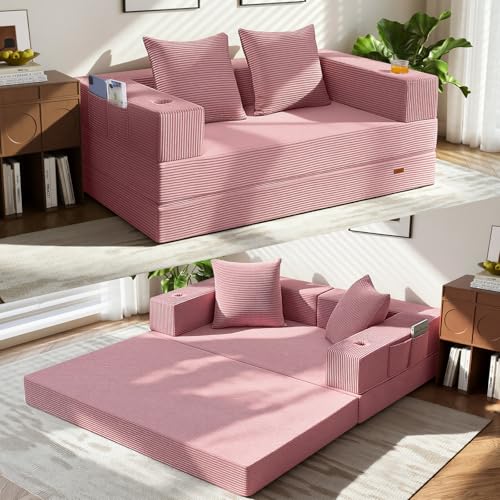 COMAX Futon Sofa Bed, Convertible Sofa Bed, Folding Boneless Couches | Low-Profile Boneless Couch for Living Room, 11.8" H Low Seat Small 59" Foldable Floor Sleeper Mattress Lounge Space‑Saving - color: Pink, size: 59"