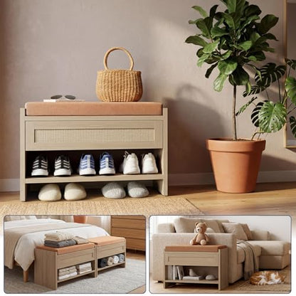 Rattan Drawer Shoe Bench with Soft Cushioned Seat for Hallway | Entryway Storage Shoe Stool - color: Light Oak