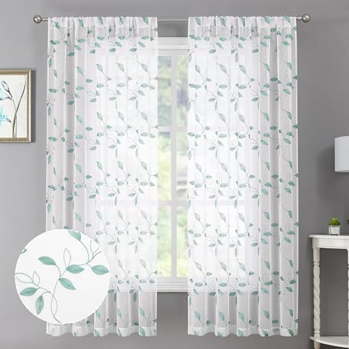 Tollpiz Teal Blue Leaf Sheer Curtain Bedroom Short 38 x 45 Inches | Leaves Embroidered Curtains Rod Pocket Voile Window Treatments for Living Room, Set of 2 Panels - color: Teal Blue, size: 38"W x 45"L (Pack of 2)