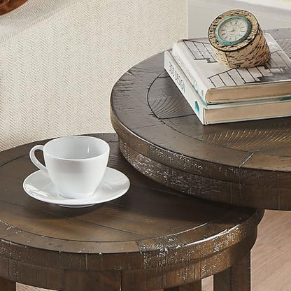 24" Round Nesting Coffee Table Set of 2, Solid Wood Coffee Tables Mid Century Rustic Farmhouse Side End Tea Table for Living Room, Apartment (Drak Brown) - color: 24" Dark Brown