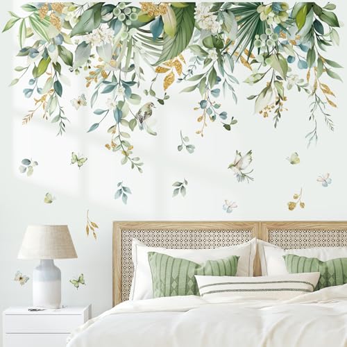 wondever Hanging Green Leaves Wall Decals Tropical Plants Wall Stickers | Peel and Stick, Removable, Wall Art Decals, Wall Decoration, Living Room Bedroom, Office Sofa TV Home Wall Decor - style: Flower Leaves