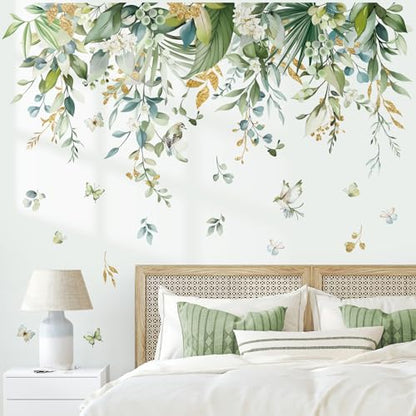 wondever Hanging Green Leaves Wall Decals Tropical Plants Wall Stickers | Peel and Stick, Removable, Wall Art Decals, Wall Decoration, Living Room Bedroom, Office Sofa TV Home Wall Decor - style: Flower Leaves