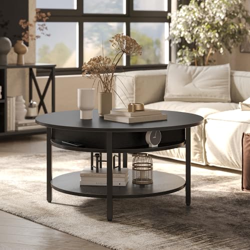 FABATO 26.77” Round Lift Top Coffee Table with Storage, Black | Farmhouse Coffee Table, 2 Tier Small Round Center Table, Center Table for Living Room, Circle Dining Table - color: Black