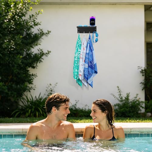 Pool Towel Racks with Shelf Wall Mounted, Pool Towel Holder Outdoor with 4 Hooks, Metal Towel Hanger Pool Accessories Organizer for Robe, Towel, Coat, Swimsuit, Bag, Keys