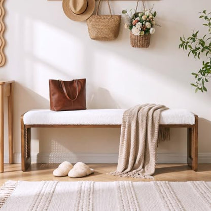 LITTLE TREE Shoe Bench with Cushion, Solid Wood Bench for Entryway、Hallway | Modern Storage Bench with Padded Seat, Narrow Rustic Space-Saving Bench with Cushioning Footpads, Elegant Wicker Design