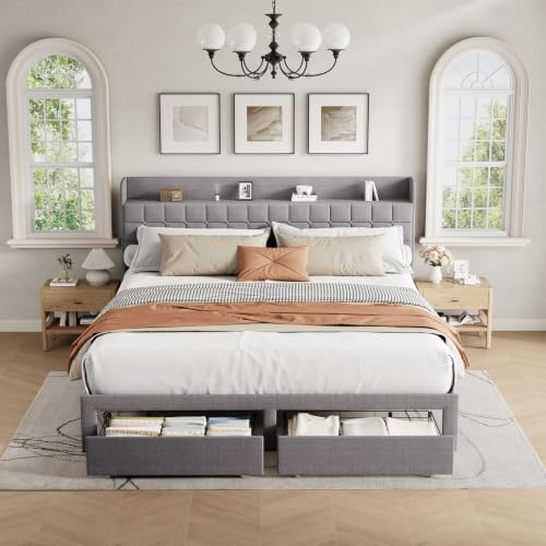 DUMOS King Bed Frame, Upholstered Platform Bed Frame with Storage Drawers | King Size Bed Frame With Storage Drawers, with Headboard, Wood Bed Slats Support 1323 lbs, No Box Spring Needed, Grey - color: Dark Gray, size: King (U.S. Standard)