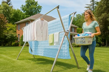 AZK Clothes Drying Rack Foldable Portable Design | Heavy duty Stainless steel Adjustable Drying Rack For Blanket King size No assembly With 20 Windproof Hooks - size: 65.55 inches
