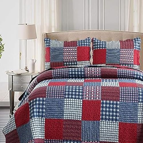 Ycosy Plaid Quilt Set Queen Size Country Patchwork Bedding Set Lightweight Reversible Bedspread Coverlet Set Red Blue Pliad Quilts Soft Home Collections with 2 Pillow Shams - color: Red Plaid Quilt, size: Full/Queen