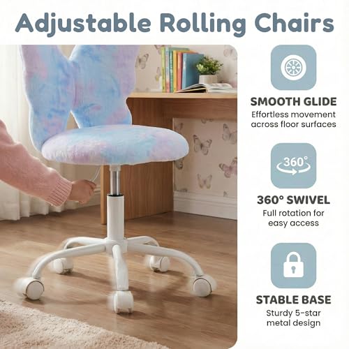 chairus Kids Desk Chair Butterfly Faux Fur Study Chair for Teenage Girls Adjustable Kids Vanity Chair for Bedroom Reading Living Room, Small Cute Student Task Chair with White Foot, Baby Blue - color: Butterfly, Blue