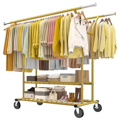 Raybee 74" W Clothes Rack 630 LBS Heavy Duty Double Rods Adjustable Size | 2 Shelves 2 Rods, Industrial Stainless Steel, 360°Lockable Wheels, 15-Min Tool-free Assembly, Bedroom Closet Living Room - color: Gold