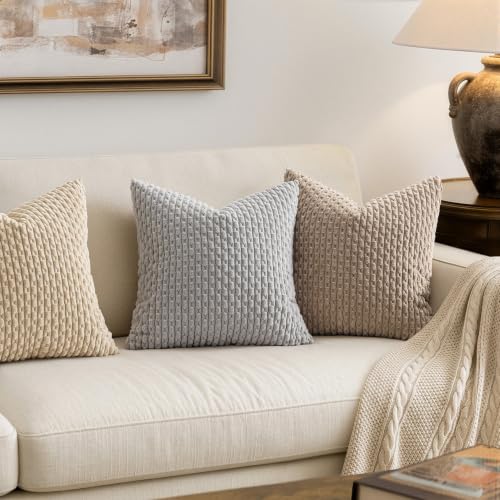 MIULEE Decorative Throw Pillow Covers 16x16 Light Grey Textured Corduroy | Pack of 2 Striped Pillow Covers Modern Farmhouse Home Decor for Couch Bed Sofa Living Room - color: Light Grey, size: 16" x 16" (Pack of 2)