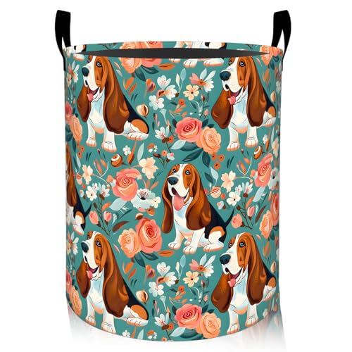 Basset Hound Dog Floral Laundry Basket, Oxford Cloth Playful Dirty Clothes Collapsible Hamper for Room Decor, Puppy and Flower Print Gifts Toy Organizer 19.7*15.7 Inch for Bedroom Bathroom Dorm - style: Basset Hound