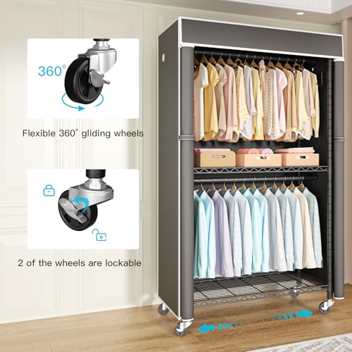 Black Clothing Rack with Dark Gray Cover, P1C Rolling Closets | Metal Garment Rack for Hanging Clothes, Clothing Storage Wardrobe, with Wheels - color: Black Rack With Dark Gray Cover
