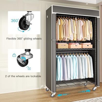 Black Clothing Rack with Dark Gray Cover, P1C Rolling Closets | Metal Garment Rack for Hanging Clothes, Clothing Storage Wardrobe, with Wheels - color: Black Rack With Dark Gray Cover