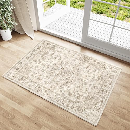 2x3 Beige Neutral Area Rug | Washable, Non Slip, Soft Low Pile, Vintage Farmhouse, for Entryway Kitchen Bathroom Living Room Bedroom Indoor Home Decor - color: Beige, size: 2' x 3' (Rectangular)