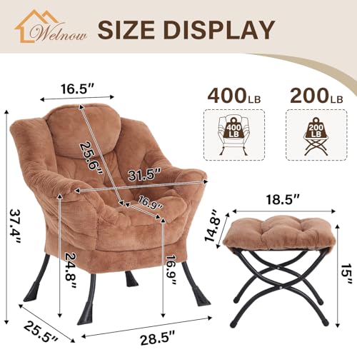Welnow Lazy Chair with Ottoman, Reading Chair with Footrest, Plush Brown | A Side Pocket,Armrests,Foldable Footrest,Thick Cushioned Seat & Backrest, Lounge Chair for Bedroom,Living Room & Small Space - color: Plush Brown