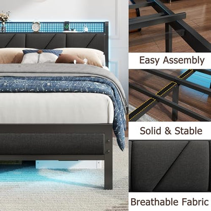 Twin Size Bed Frame with Storage Shelf and Upholstered Headboard | Metal Platform Bed with LED Light, Charging Station and Heavy Duty Slats, No Box Spring Needed, Noise Free & Easy Assembly - size: Twin, style: Bed Frame