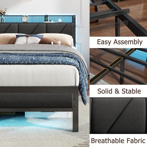 Full Size Bed Frame with Storage Shelf and Upholstered Headboard | Metal Platform Bed with LED Light, Charging Station and Heavy Duty Slats, No Box Spring Needed, Noise Free & Easy Assembly - size: Full, style: Bed Frame