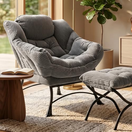Lazy Chair with Ottoman, Modern Skinny Lounge Chair with Footrest | Foldable Footrest, Padded & Backrest with Side Pocket, Comfy Accent Reading Chair for Living Room & Small Spaces, Dark Gray - color: Dark Gray