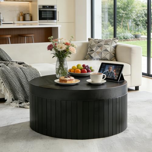 31.5” Modern Round Coffee Table, Circular Wood Center Table with Storage, MDF Accent Dinning Table for Living Room, Apartment,Office,Courtyard, No Assembly.(Black) - color: Black-e
