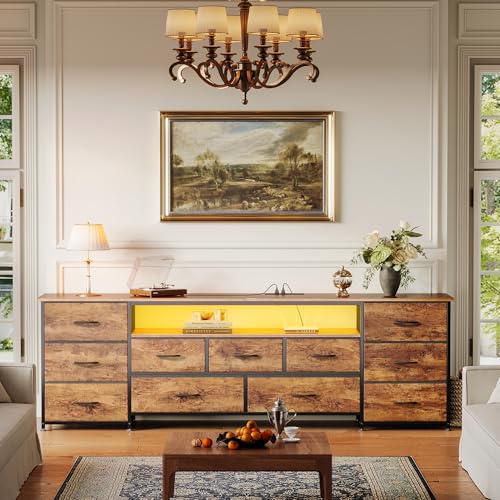 Huuger 70 Inch TV Stand for 75, 80 Inch TV, 11 Drawer Long Dresser with Power Outlets and LED Lights, Entertainment Center with Storage, Rustic Brown Dresser with Printed Surface - color: Rustic Brown, size: 13"D x 70.9"W x 26.8"H