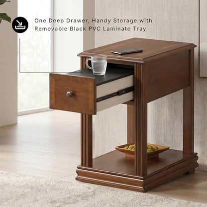 Signature Design by Ashley Breegin Narrow Chairside End Table | Rich dark brown wood veneers, Deep storage drawer with removable PVC tray, Compact 13-inch width fits tight spaces - color: Medium Brown