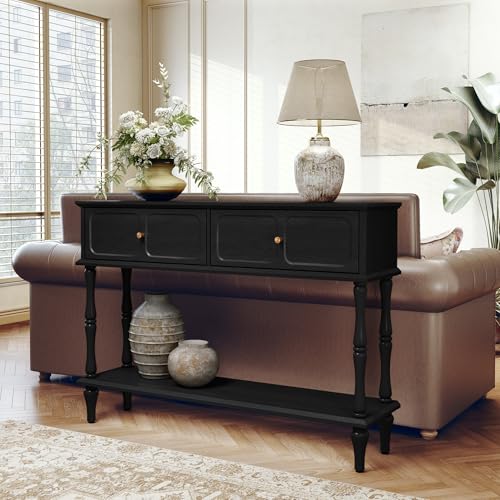 ARTPOWER 47" Mid-Century Console Table, 2 Drawers and Open Shelf, Black | Entryway Table with Storage, Narrow Behind Couch Table for Living Room, Foyer, Hallway - color: Black
