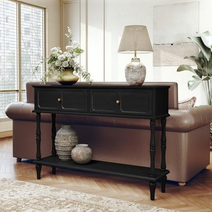 ARTPOWER 47" Mid-Century Console Table, 2 Drawers and Open Shelf, Black | Entryway Table with Storage, Narrow Behind Couch Table for Living Room, Foyer, Hallway - color: Black