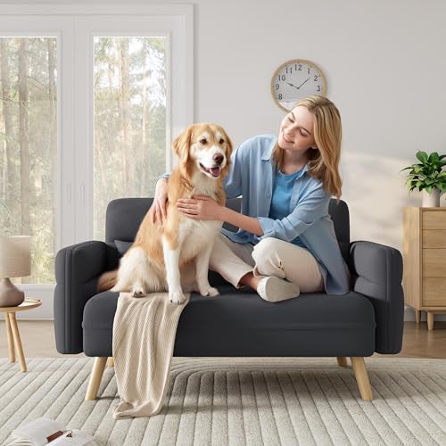 Yaheetech 46" Small Sofa Compact Modern Couch with Wood Legs, Dark Gray | Loveseat Small Sofa in Fabric 2 Seater Couch Features Wood Legs, Lumbar Pillows, Easy Assembly for Living Room, Bedroom, Dorm - color: Dark Gray