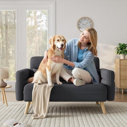 Yaheetech 46" Small Sofa Compact Modern Couch with Wood Legs, Dark Gray | Loveseat Small Sofa in Fabric 2 Seater Couch Features Wood Legs, Lumbar Pillows, Easy Assembly for Living Room, Bedroom, Dorm - color: Dark Gray
