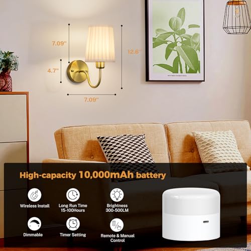Battery Operated Wall Sconce Set of Two, Wireless Wall Sconces with 10000mAh Dimming Magnetic Bulb, Rechargeable Wall Sconce with Pleated Fabric for Bedroom Living Room Gallery Hallway, Gold - color: Gold-White