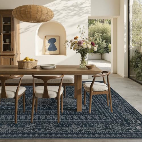 Nakagishi 5x7 Area Rugs Living Room: Washable Large Vintage Rug Neutral Non-Slip Soft Stain Resistant Indoor Carpet for Bedroom Nursery Dining Room Office Playroom - Navy - color: Navy, size: 5' x 7' (Rectangular)