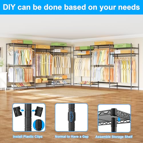 E13 Max Heavy Duty Clothes Rack（With 4 Hanger Rods & 8 Shelves） Freestanding Clothing Racks for Hanging Clothes，Adjustable Closet，Metal Garment Rack 86" W x16 D x77 H，Max Load 1100LBS，Black - color: Black, size: E13 Max