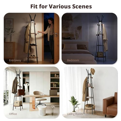 young master Freestanding Coat Rack with Light, 12 Hooks & 3 Wood Shelves, Black