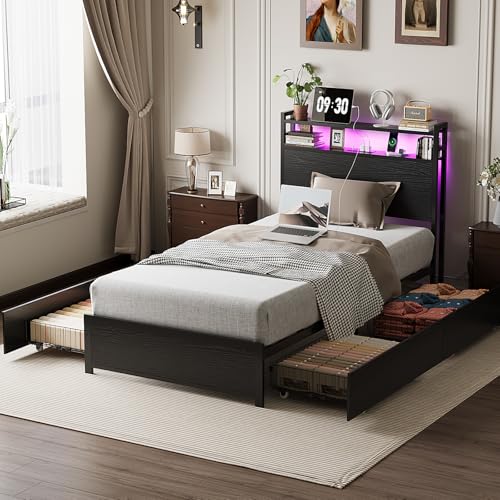 VINGLI LED Twin Bed Frame with 4 Storage Drawers and Adjustable Headboard Shelf, Metal Platform Panel Bed with Charging Station for Kids Teens, Adults, No Box Spring Needed, Black - color: Black, size: Twin/4 Drawers