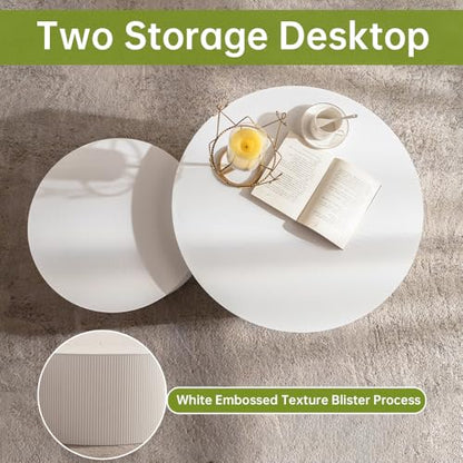 26 inch Round White Fluted Nesting Coffee Table Set of 2, B Large | Spray Painting Finish, For Living Room, Nested Crescent Side Table, Nestable Design, Mid-Century Modern, For Small Spaces - color: White a Large
