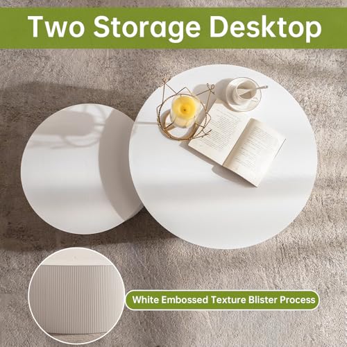 18 inch Round White Fluted Nesting Coffee Table Set of 2, B Small | Spray Painting Finish, For Living Room, Nested Crescent Side Table, Nestable Design, Mid-Century Modern, For Small Spaces - color: White a Small