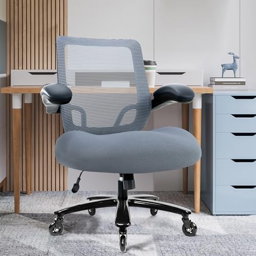 Kassipo Big and Tall Office Chair with Flip-Up Armrests, Grey | 500LBS Capacity, Spring-Reinforced Memory Foam Seat & Heavy-Duty Base - color: Grey