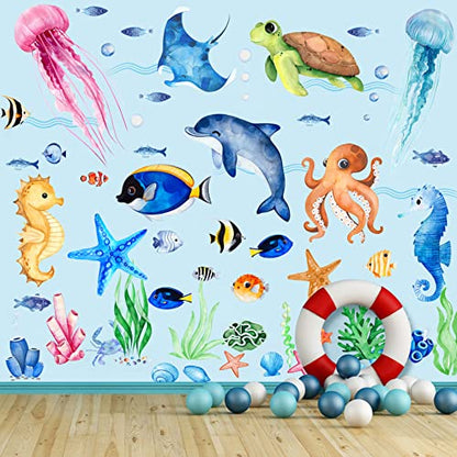 4 Sheets Ocean Fish Wall Decals Stickers Sea Wall Decal Stickers Removable Sea Life Marine Animal Sticker Underwater Ocean Creatures Decor for Kids Girls Boy Nursery Bedroom Bathroom | Vivid Sea Life and Marine Animal Sticker,Removable,Underwater Ocean Cr
