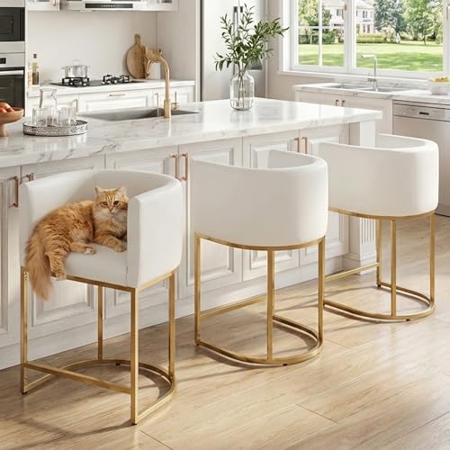 HNY Modern Barrel Counter Height Gold Clearance Bar Stools Set of 2, 24 Inch Kitchen Bar Stools with Back, PU Leather Barstools Bar Height for Island with Golden Metal Tubular Frame, White - color: 24inch ,White,gold Base