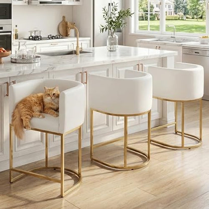 HNY Modern Barrel Counter Height Gold Clearance Bar Stools Set of 2, 24 Inch Kitchen Bar Stools with Back, PU Leather Barstools Bar Height for Island with Golden Metal Tubular Frame, White - color: 24inch ,White,gold Base