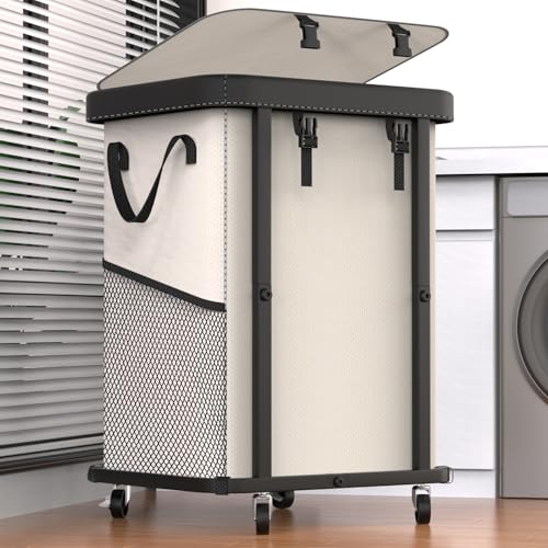 Laundry Basket with Wheels,150L Leather Patchwork Rolling Hamper Carts | Sturdy Metal Frame, Removable Washable Bag, Tall Clothes Sorter for Bedroom, Laundry Room - Beige - color: Beige, size: 1 Section-150L