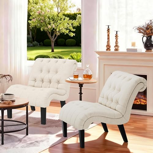 Accent Chairs Set of 2 Mid Century Modern Tufted Upholstered Chair for Living Room Bedroom Curved Armless Side Chairs with Wood Legs Linen Fabric - color: Cream, size: 2 Chairs