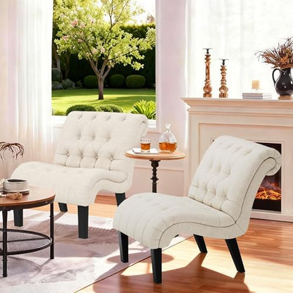 Accent Chairs Set of 2 Mid Century Modern Tufted Upholstered Chair for Living Room Bedroom Curved Armless Side Chairs with Wood Legs Linen Fabric - color: Cream, size: 2 Chairs