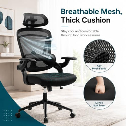 Ergonomic Office Chair, Home Office Desk Chairs with Adjustable Lumbar Support and Headrest, High Back Mesh Computer Desk Chair with 3D Flip-up Armrests & 360° Swivel Wheels, 275 LBS - color: Black With Lumbar Support